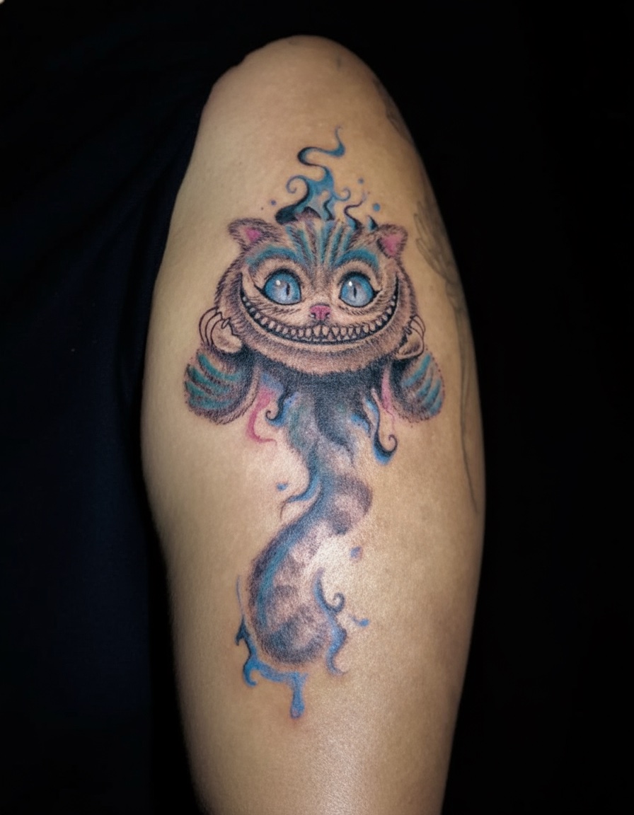 Tatuagem feminina no braço colorida do Gato Risonho de Alice no País das Maravilhas. Tatuagem feminina no braço feita pelo tatuador feminino Cris Santos em Mogi das Cruzes e região.