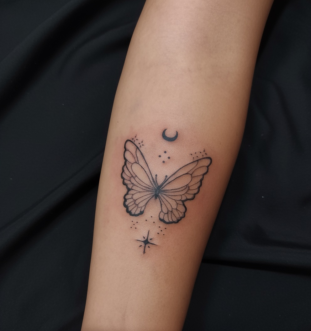 Tatuagem feminina no braço delicada de borboleta no antebraço em mini realismo com lua e estrelas, feita pelo tatuador feminino Cris Santos em Mogi das Cruzes e região.