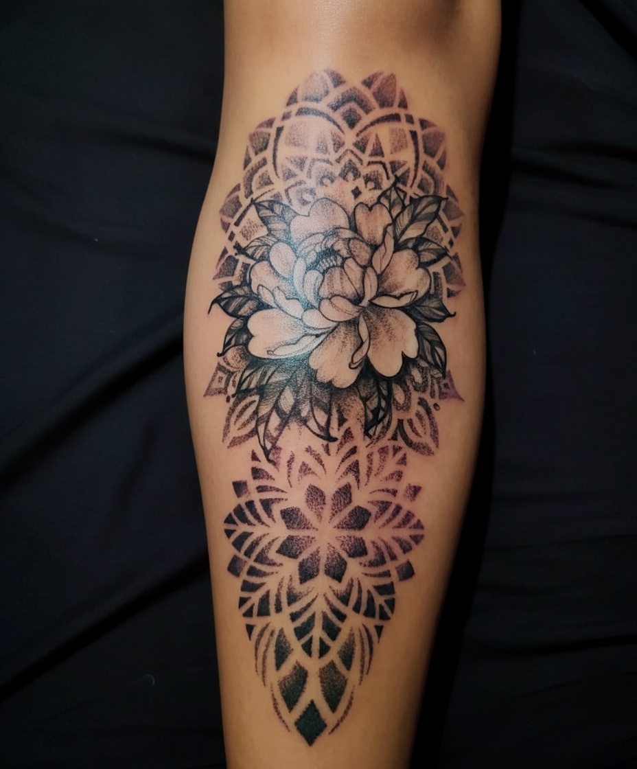 Tatuagem feminina na perna de flores realistas em preto e cinza com padrões geométricos ornamentais, em realismo e sombreado, feita pelo tatuador feminino Cris Santos em Mogi das Cruzes e região. Realismo floral minimalista.