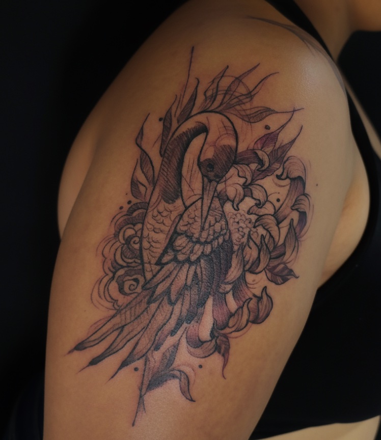Tatuagem feminina no braço de pássaro no ombro, com traços delicados e sombreados, feita pelo tatuador feminino Cris Santos em Mogi das Cruzes e região.