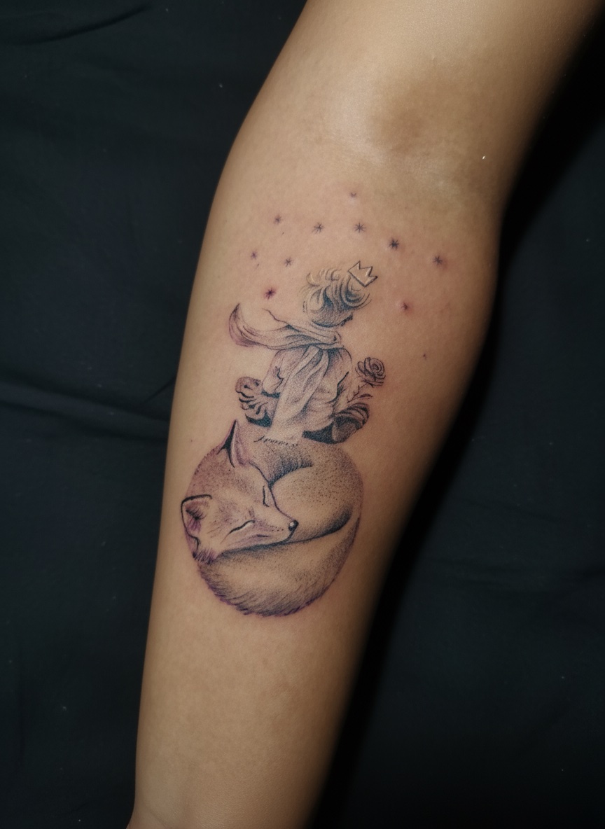 Tatuagem feminina no braço inspirada no Pequeno Príncipe e a raposa, estilo delicado e poético. Tattoo feminina no braço feita pelo tatuador feminino Cris Santos em Mogi das Cruzes e região.